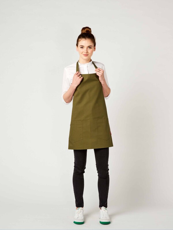 short bib apron, TUNA, olive